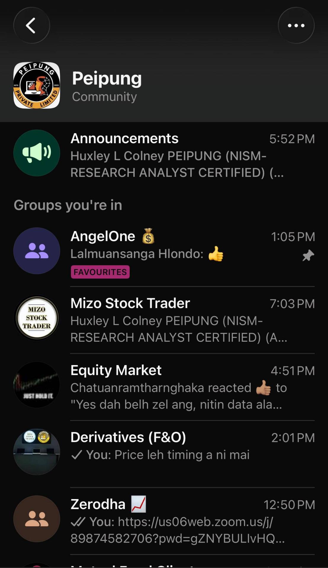 The Peipung WhatsApp community screen showing Announcements, Mizo Stock Trader, Equity Market, Derivatives F&O and Zerodha groups.