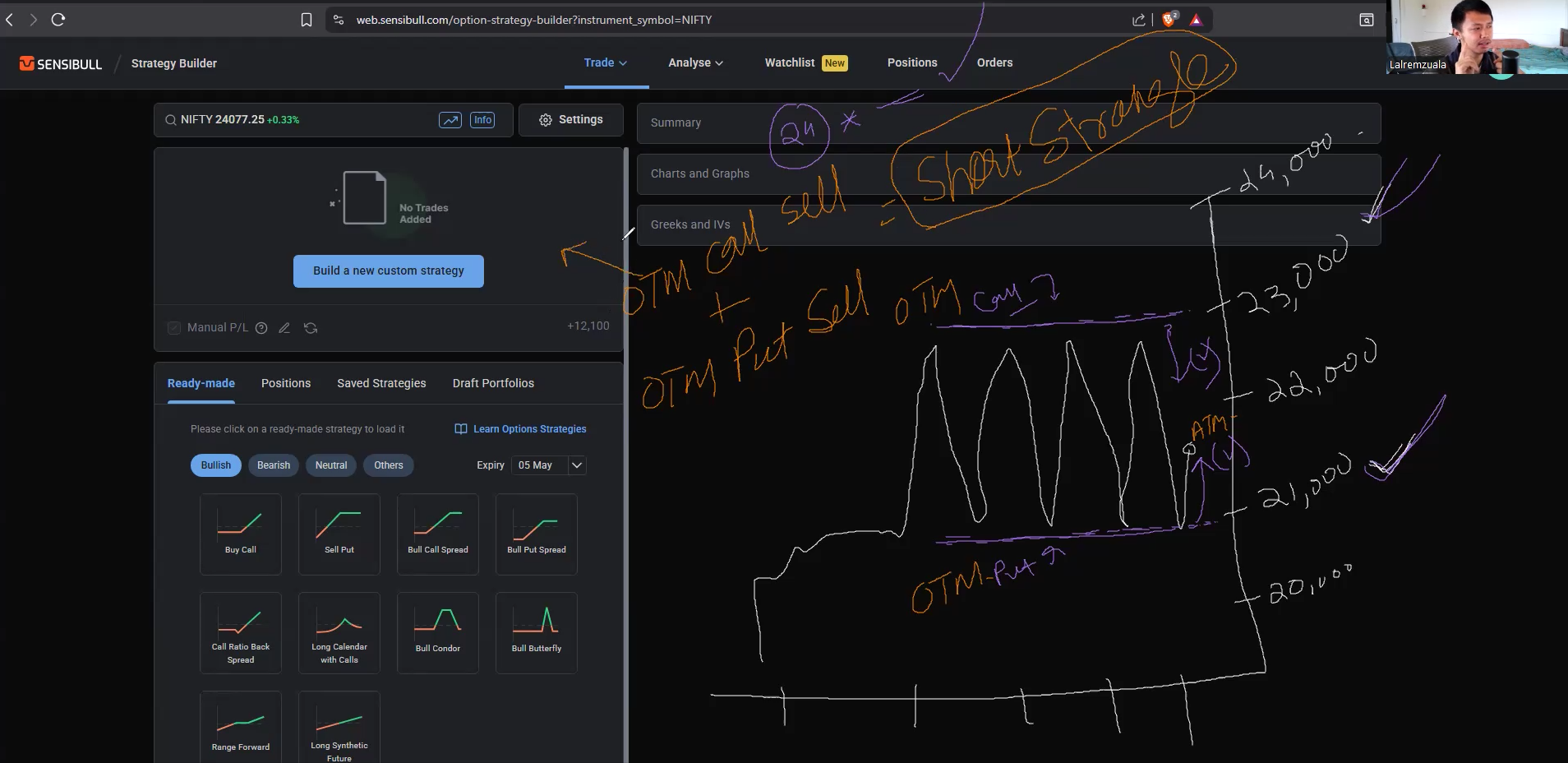 Live options strategy walkthrough — short strangle setup on Nifty.